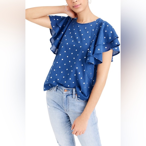 J. Crew Tops - J. Crew Ruffle Flutter Sleeve Metallic Polka Dot Top - silver foil, size XL